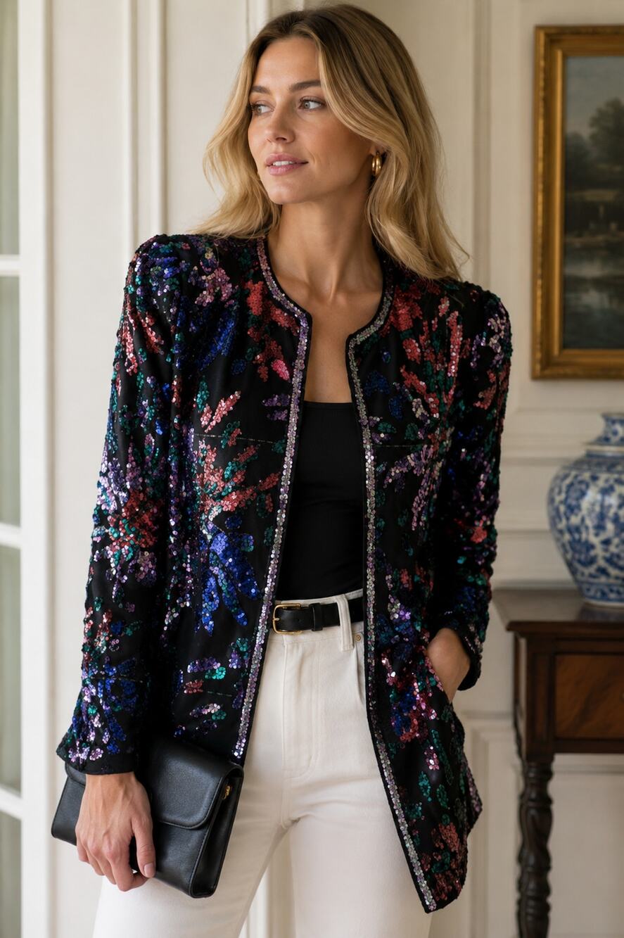 Multicolor silk sequin dress jacket NiteLine Vintage --MED